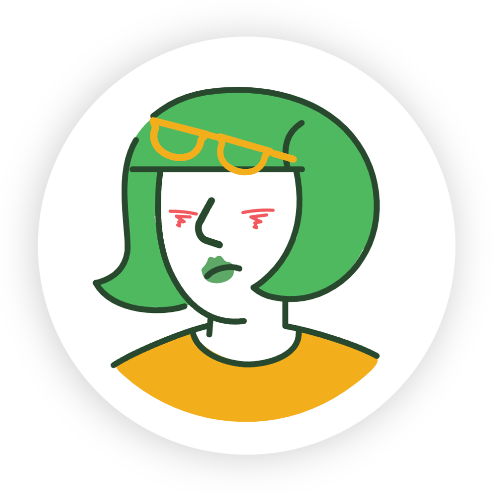 Profile illustration of unhappy Webgility customer, glasses askew.